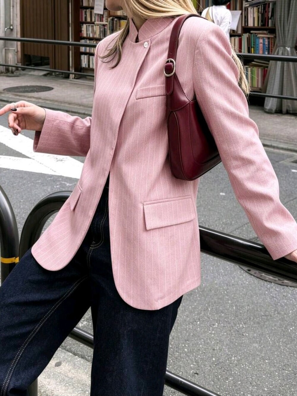 Women's French Gentle Style Pink Stand Collar Asymmetric Button Loose Silhouette